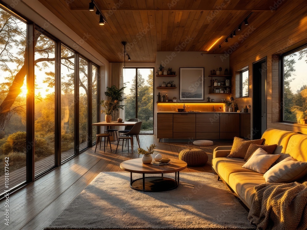Tiny house, glass-front, warm interior lighting. Tiny house, glass-front, warm interior lighting.