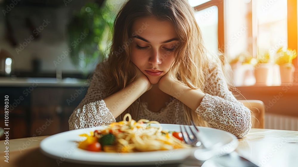 Woman Feeling Sad While Eating Spaghetti Woman Feeling Sad While Eating Spaghetti