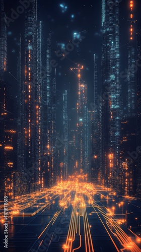Cityscape of neon lights with glowing particles in a digital universe at night