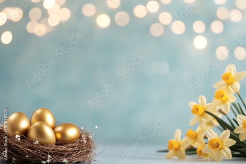 Golden eggs in a nest with yellow flowers and bokeh lights for Easter celebra...