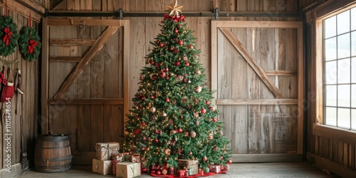 Christmas tree in a rustic barn setting, decorated with country-themed ornaments photo