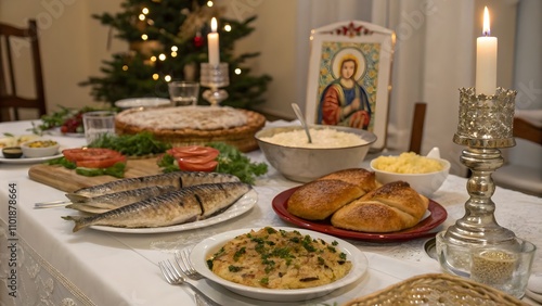 Orthodox Christmas table, a beautifully set table with traditional dishes, festive holiday decorations, spiritual celebration, cultural heritage, seasonal joy, family gathering, Christmas feast photo