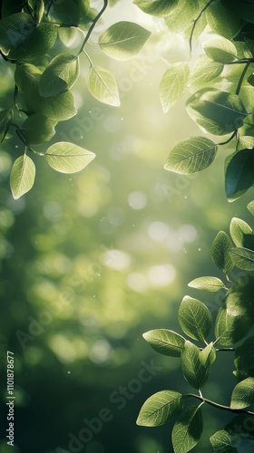 Green leaves shimmering in sunlight with a soft bokeh background during summer