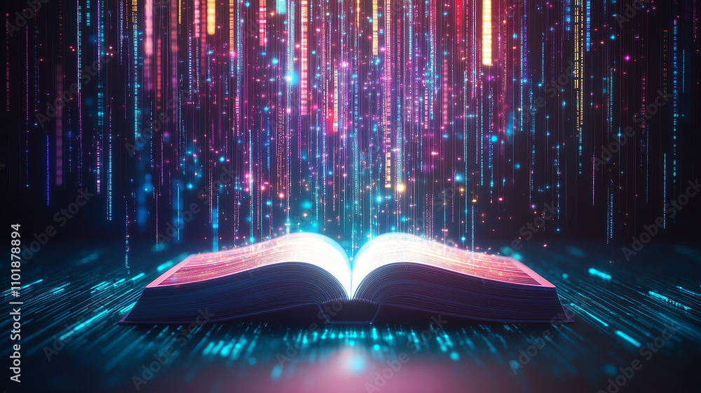 custom made wallpaper toronto digitalan open book with a dynamic stream of digital data floating upwards, displaying a fusion of classical literature and modern technology