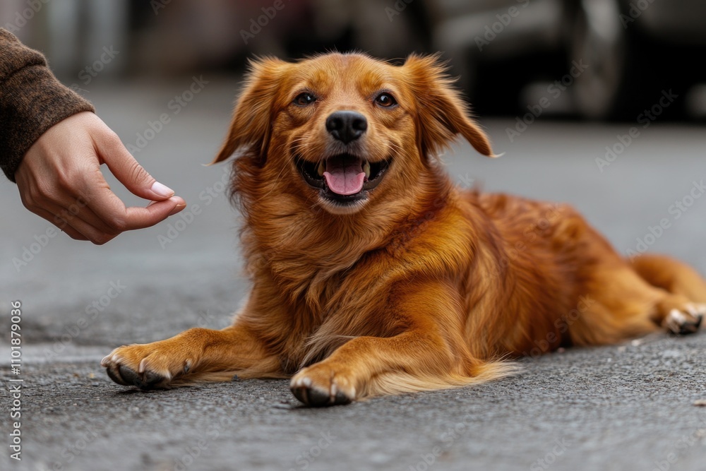 A brown dog resting beside a human hand, perfect for use in pet-related or everyday life scenarios A brown dog resting beside a human hand, perfect for use in pet-related or everyday life scenarios