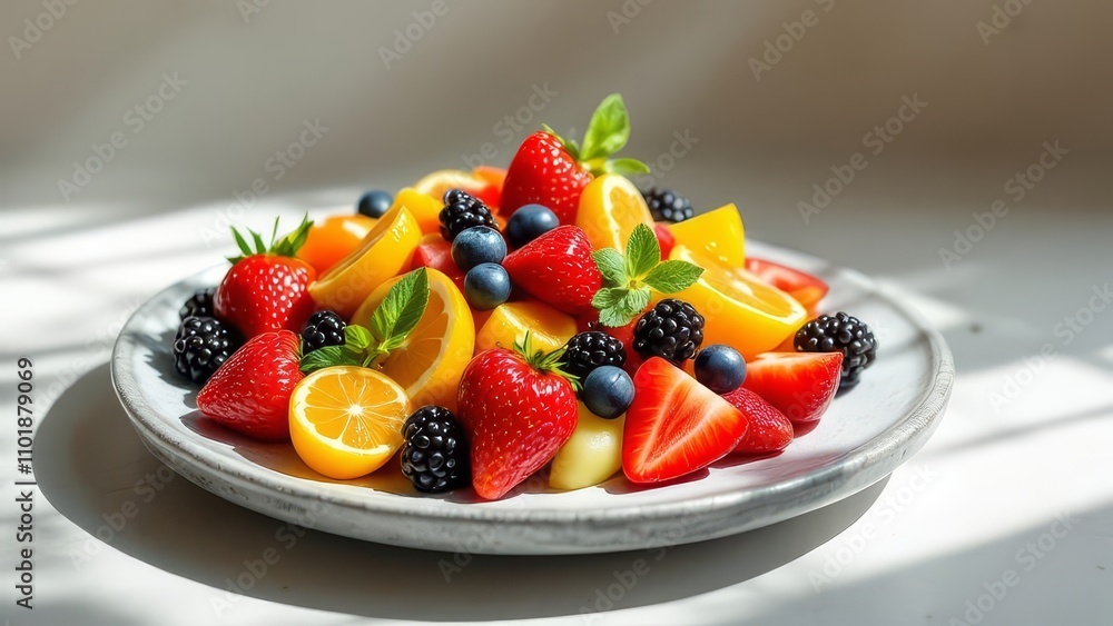 Vibrant fruit medley, artfully arranged on a gray plate. Vibrant fruit medley, artfully arranged on a gray plate.