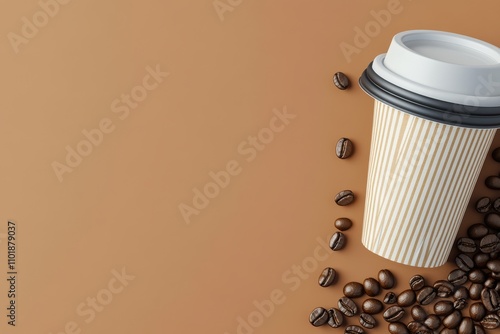 Coffee cup and scattered beans on a plain background create a warm aesthetic