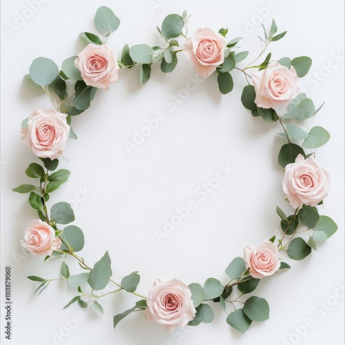 Elegant floral wreath featuring pink roses and green eucalyptus leaves