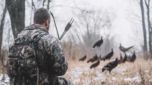 A hunter observing a group of wild turkeys in a snowy, wooded environment. photo