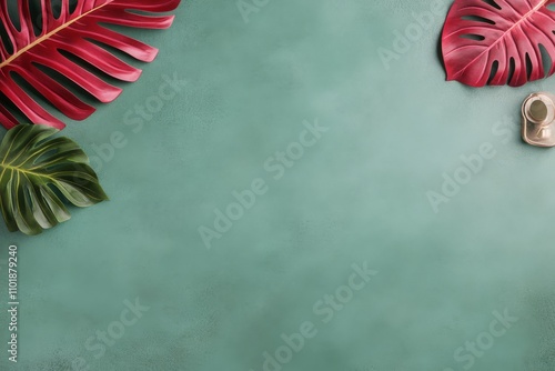 Background featuring green wall with tropical leaves and a decorative item