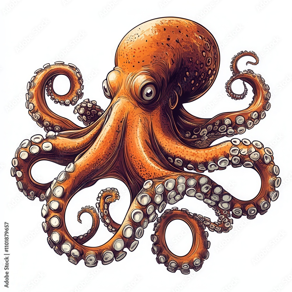 Obraz premium Vibrant illustration of an orange octopus with swirling tentacles.