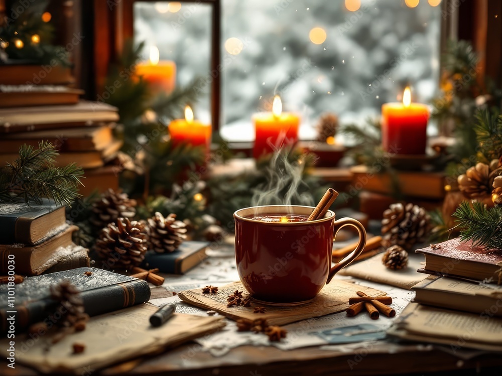 Warm mulled wine, double-exposed, winter desk. Warm mulled wine, double-exposed, winter desk.