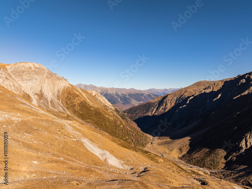 Aerial view of the fall scenery around the Umbrail Pass in Grisons, Switzerland