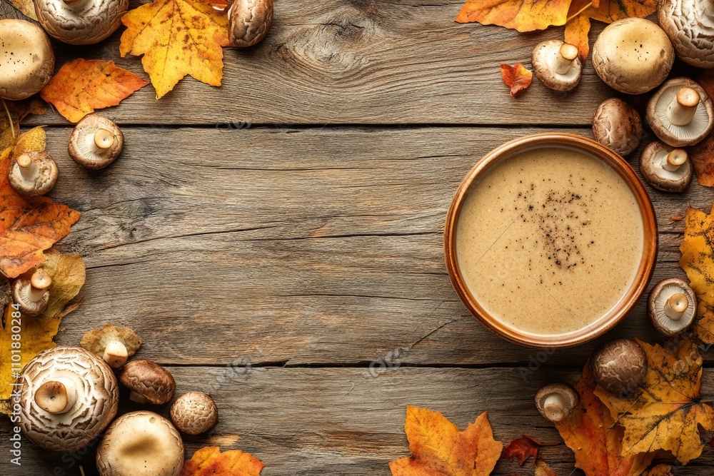 Creamy Mushroom Soup. Rustic Autumn Scene with Mushroom Soup on Wooden Background Creamy Mushroom Soup. Rustic Autumn Scene with Mushroom Soup on Wooden Background