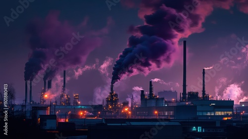 Nighttime scene of an industrial area, with dark purple smoke billowing from chimneys illuminated by harsh industrial lighting.