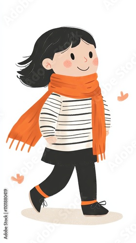 Obraz na płótnie Cute Girl Walking in Autumn with Orange Scarf - Whimsical Illustration w salonie