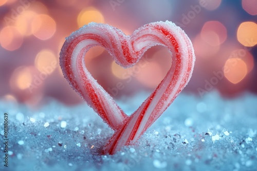 A festive candy cane shaped into a heart, perfect for holiday-themed designs and celebrations