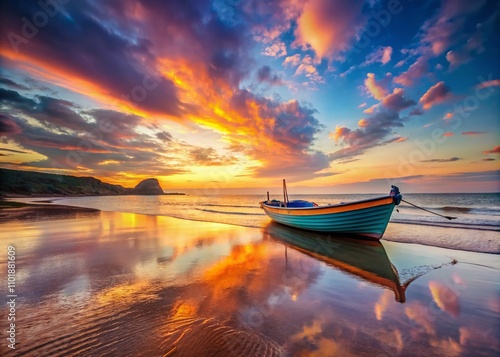 Serene Panoramic View of a Lonely Fisherboat Resting on a Quiet Beach at Sunset, Capturing the Essence of Tranquility and Nature's Beauty in a Coastal Landscape