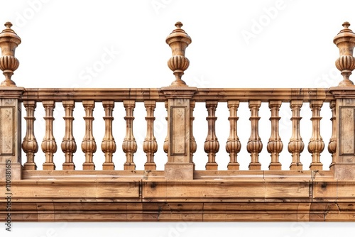 Ornate wooden balustrade with decorative balusters and urnshaped finials. photo