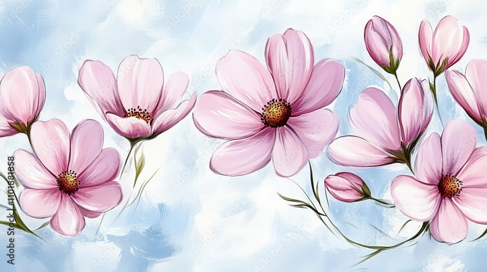 Beautiful pink flowers displayed on a pastel-colored background, adding a gentle and elegant touch to the composition Beautiful pink flowers displayed on a pastel-colored background, adding a gentle and elegant touch to the composition