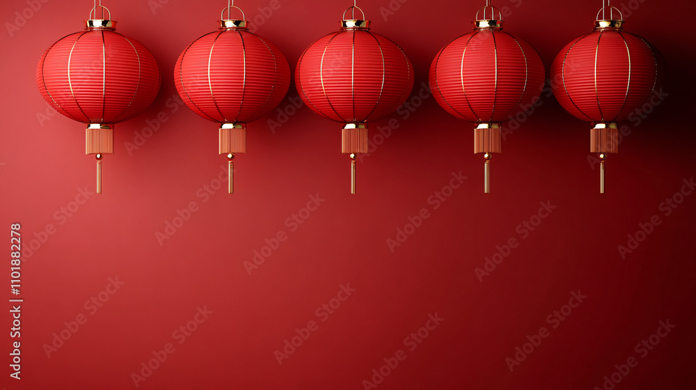 Festive red paper lanterns against a rich red wall, ideal for Lunar New Year and Mid-Autumn Festival designs, conveying warmth and cultural celebration. Festive red paper lanterns against a rich red wall, ideal for Lunar New Year and Mid-Autumn Festival designs, conveying warmth and cultural celebration.