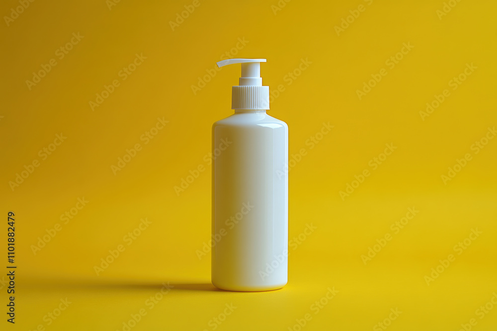 Minimalist mockup of single white lotion bottle on vibrant yellow background, showcasing simplicity and elegance. Perfect for product display or branding Minimalist mockup of single white lotion bottle on vibrant yellow background, showcasing simplicity and elegance. Perfect for product display or branding