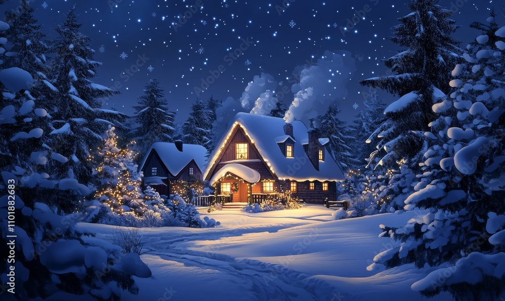 Snowy Winter Cabin Amidst a Tranquil Forest with Starry Night Sky and Cozy Lighting Snowy Winter Cabin Amidst a Tranquil Forest with Starry Night Sky and Cozy Lighting