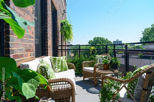 A sunny city balcony with wicker furniture, lush greenery, and tropicalprint pillows. photo