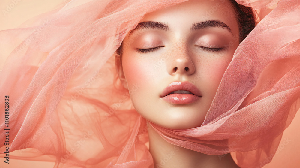 Close-up portrait of a beautiful woman with closed eyes and smooth skin on a peach-colored background, with pink tulle fabric flying around her head. This image represents a beauty concept for a spa o Close-up portrait of a beautiful woman with closed eyes and smooth skin on a peach-colored background, with pink tulle fabric flying around her head. This image represents a beauty concept for a spa o