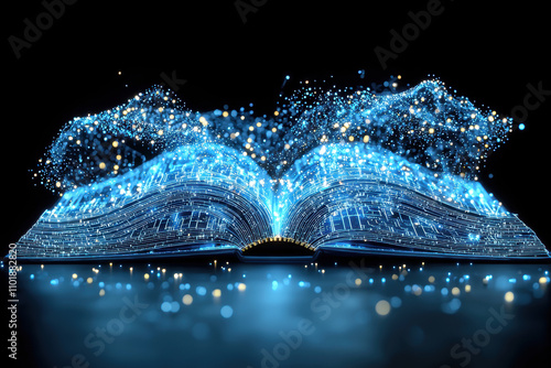 digital book with glowing pages and sparkling data streams, symbolizing education and technology. This minimalistic design represents fusion of knowledge and innovation