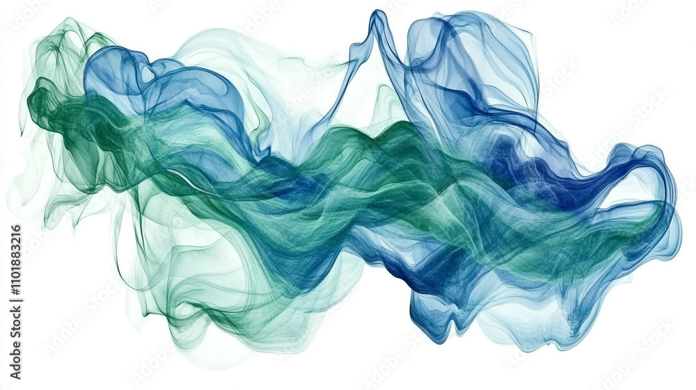 Abstract background with blue and green waves of liquid smoke on a white isolated background Abstract background with blue and green waves of liquid smoke on a white isolated background