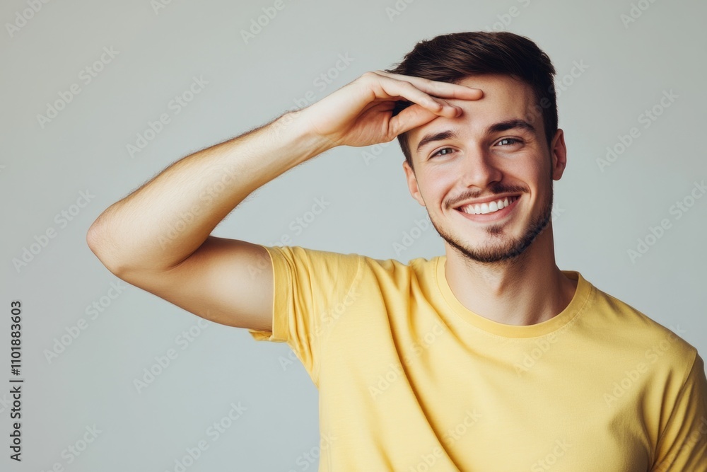 A man wearing a bright yellow t-shirt smiles for the camera, conveying happiness and positivity A man wearing a bright yellow t-shirt smiles for the camera, conveying happiness and positivity