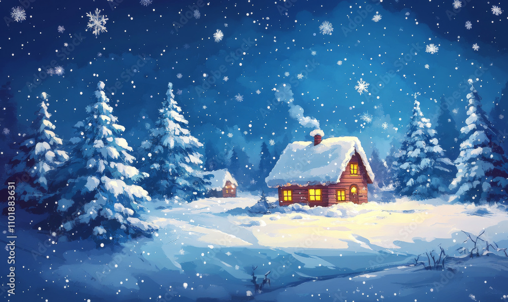 Snowy Winter Cabin Amidst a Tranquil Forest with Starry Night Sky and Cozy Lighting Snowy Winter Cabin Amidst a Tranquil Forest with Starry Night Sky and Cozy Lighting