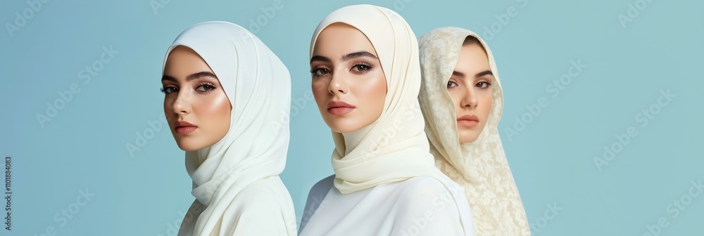 Three women wearing white veils are standing in a row, smiling for the camera. The women are dressed in traditional Islamic clothing, and their smiles convey a sense of happiness and contentment Three women wearing white veils are standing in a row, smiling for the camera. The women are dressed in traditional Islamic clothing, and their smiles convey a sense of happiness and contentment
