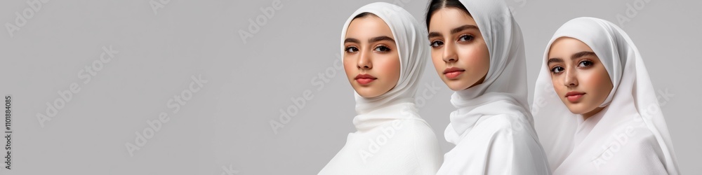 Three women wearing white veils are standing together in a row. They are all smiling and looking at the camera. The women are dressed in traditional Islamic clothing, which includes the white veils Three women wearing white veils are standing together in a row. They are all smiling and looking at the camera. The women are dressed in traditional Islamic clothing, which includes the white veils