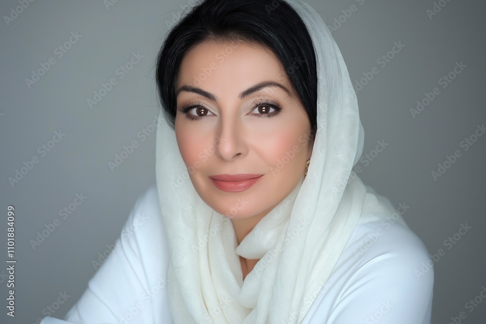 A woman wearing a white scarf and a white shirt. She has brown eyes and a smile on her face A woman wearing a white scarf and a white shirt. She has brown eyes and a smile on her face