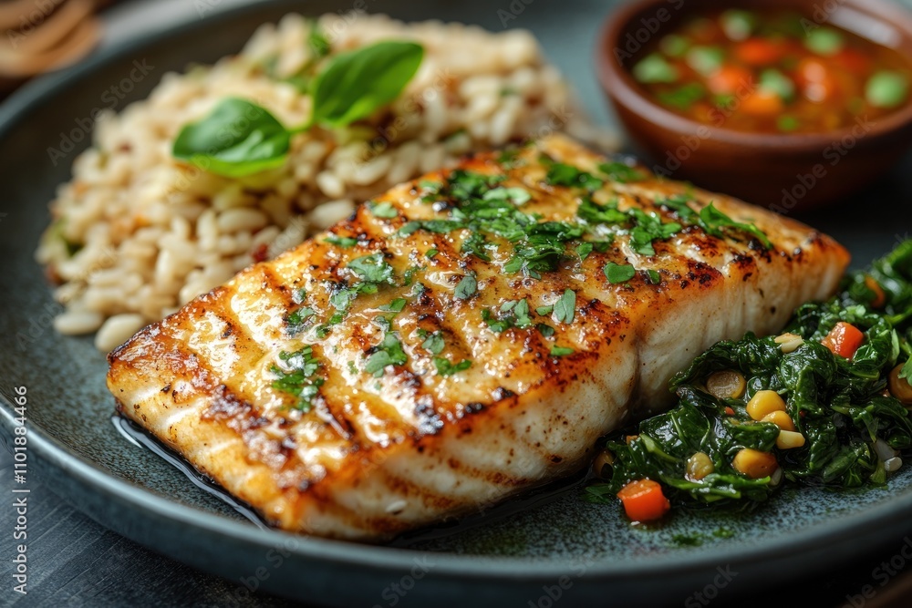 Grilled salmon fillet with brown rice and sauteed spinach and corn, served with a side of sauce on a blue plate. Grilled salmon fillet with brown rice and sauteed spinach and corn, served with a side of sauce on a blue plate.