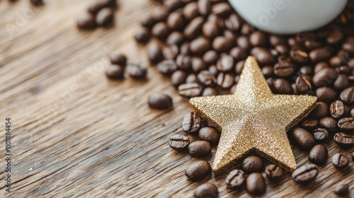 Glittering Gold Star Decoration on Wooden Surface Surrounded by Coffee Beans and a White Coffee Mug for Cozy Cafe Vibe