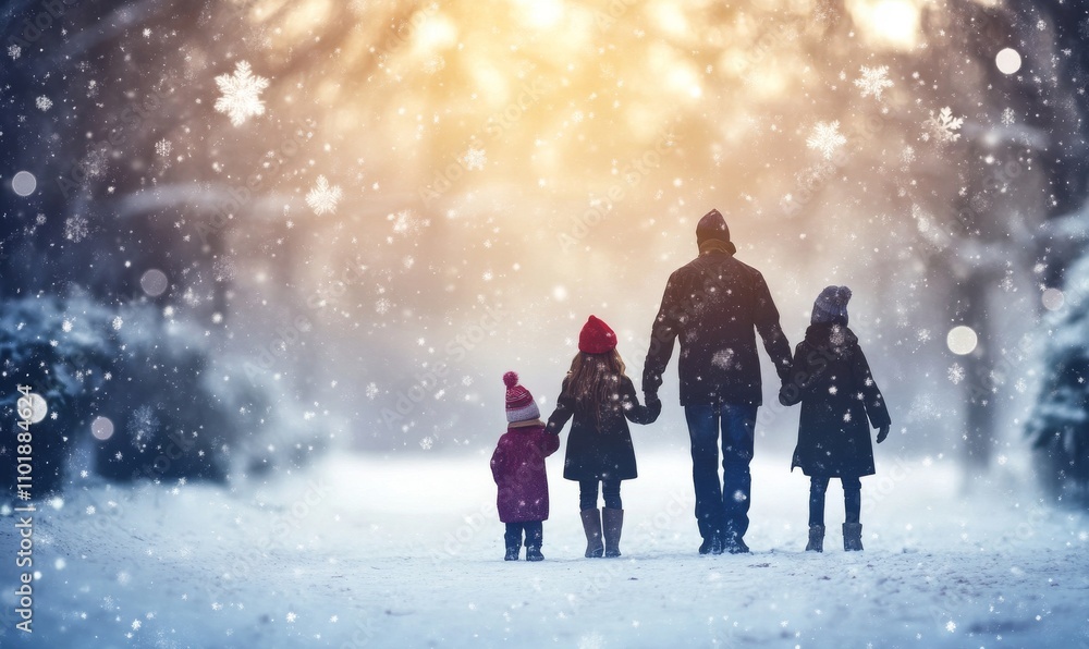 Winter Wonderland: Family Strolls Through Snowy Path With Sunlight Glowing Winter Wonderland: Family Strolls Through Snowy Path With Sunlight Glowing