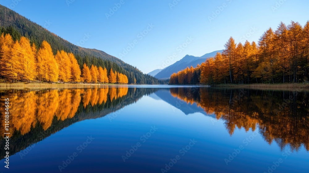 Tranquil Autumn Landscape with Golden Larch Trees Reflecting on Calm Lake Surrounded by Majestic Mountains Under Clear Blue Sky Tranquil Autumn Landscape with Golden Larch Trees Reflecting on Calm Lake Surrounded by Majestic Mountains Under Clear Blue Sky