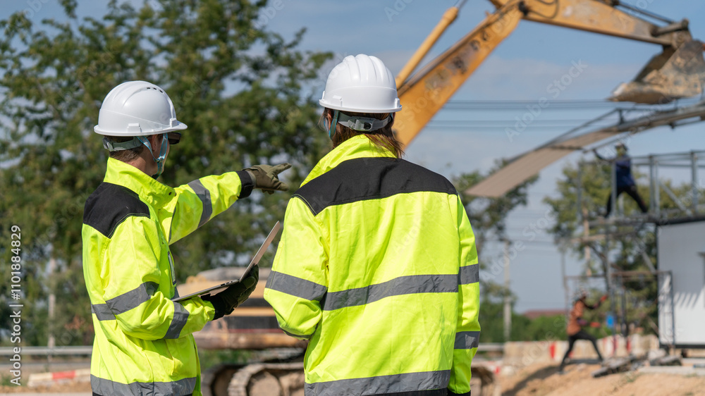 Caucasian white civil engineer, architect, or construction worker is wearing a safety suit while inspecting building construction on site and verifying blueprints or drawing plans. Caucasian white civil engineer, architect, or construction worker is wearing a safety suit while inspecting building construction on site and verifying blueprints or drawing plans.