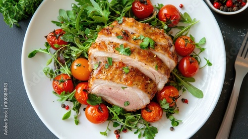 Juicy Grilled Chicken Breast Sliced and Served on a White Plate with Fresh Cherry Tomatoes and Herbs, Ideal for Healthy Eating and Culinary Inspiration