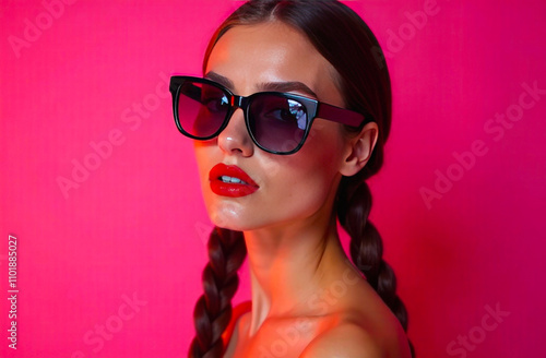 Wallpaper Mural A woman with long braided hair showcases trendy sunglasses and striking red lips against a bright pink backdrop Torontodigital.ca