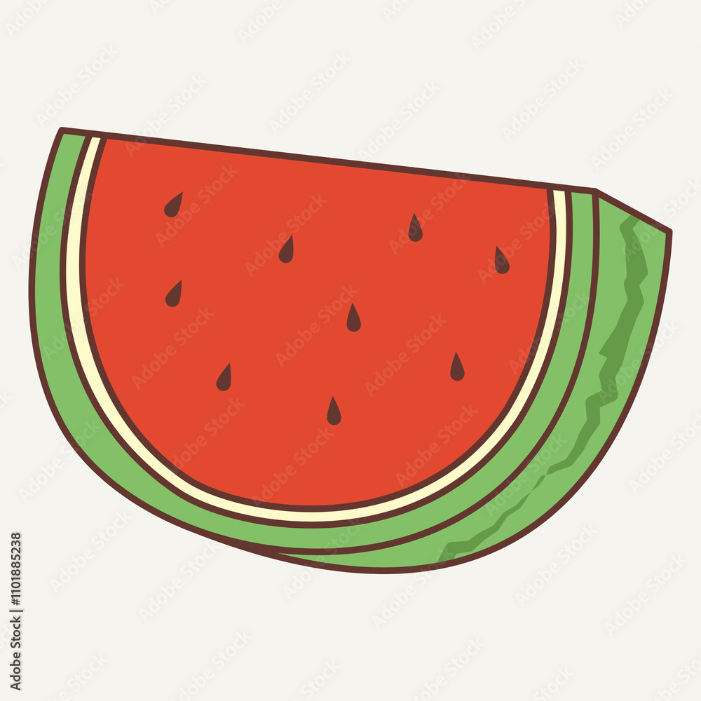 A slice of watermelon with a vibrant red interior and green rind. A slice of watermelon with a vibrant red interior and green rind.