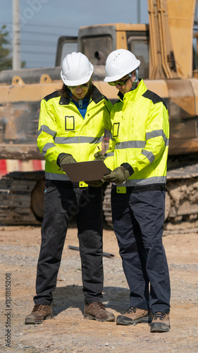 Caucasian white civil engineer, architect, or construction worker is wearing a safety suit while inspecting building construction on site and verifying blueprints or drawing plans.