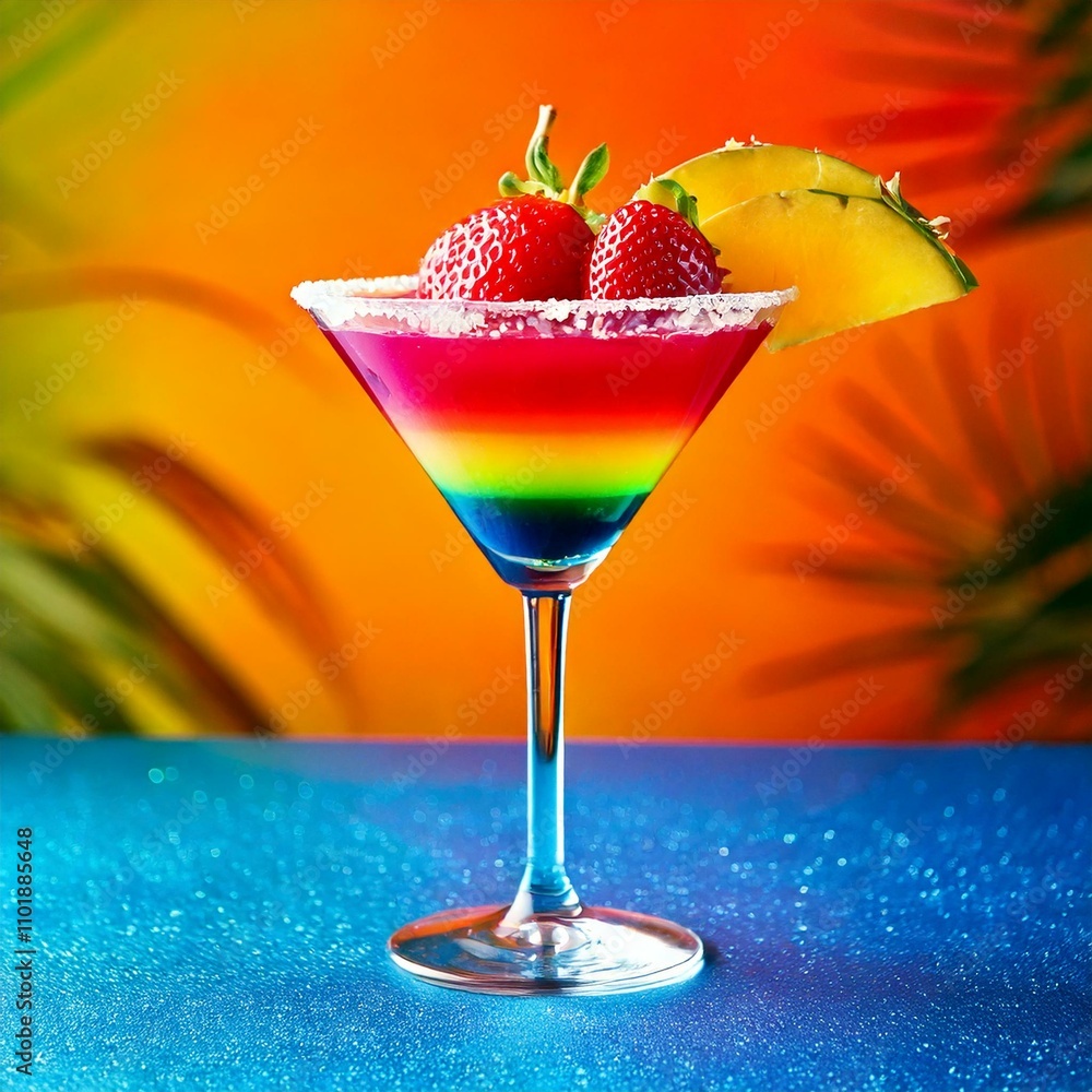 Rainbow colored fruit cocktail with vodka, blue caracao and different juices in a tropical background and style Rainbow colored fruit cocktail with vodka, blue caracao and different juices in a tropical background and style