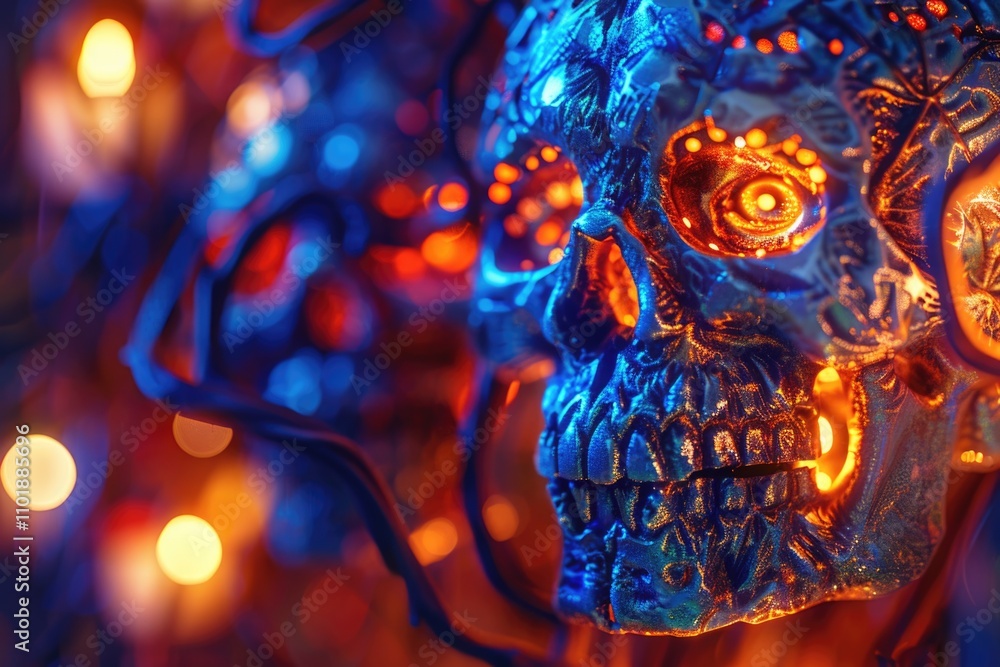 A close-up shot of a skull statue lit from behind by colorful lights, great for use in dark or mysterious themed designs A close-up shot of a skull statue lit from behind by colorful lights, great for use in dark or mysterious themed designs