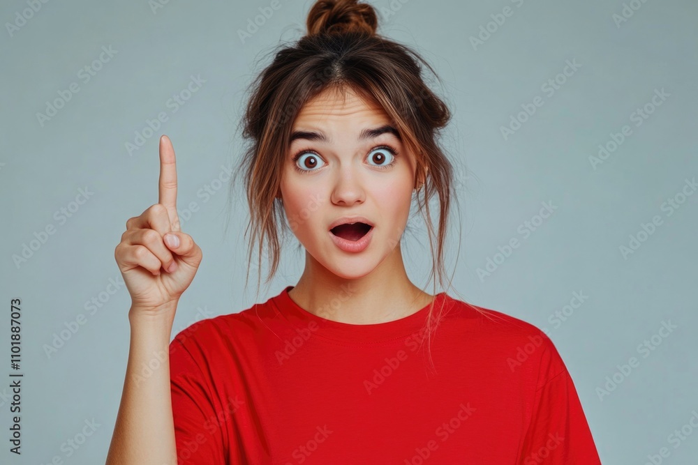 A woman with a bright red shirt on, smiling and having fun A woman with a bright red shirt on, smiling and having fun
