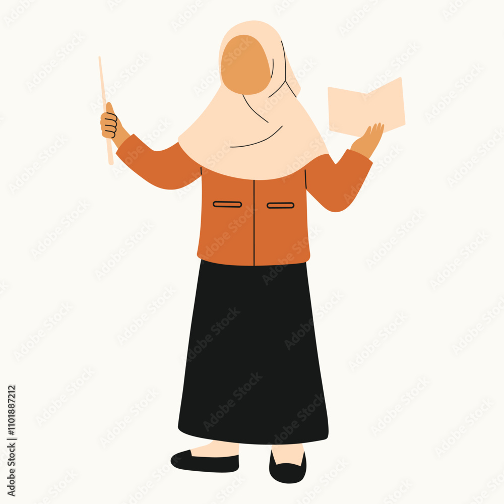 A person in a hijab holding a stick and a book, possibly teaching or presenting. A person in a hijab holding a stick and a book, possibly teaching or presenting.