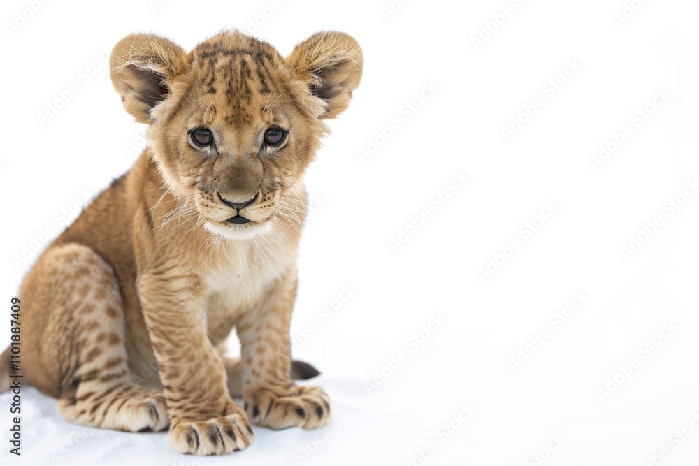 Obraz premium A small lion cub sits in the snow, surrounded by winter landscape